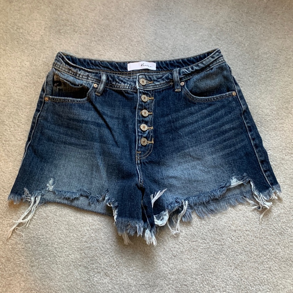 KanCan High Rise Distressed High Rise Button Fly Dark Wash Jean Short